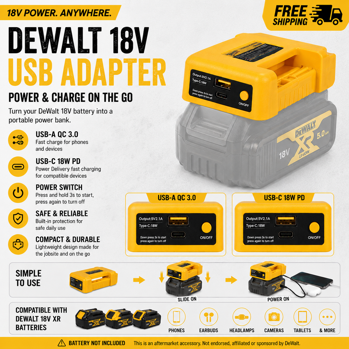 18V Battery Fast Charger Adapter - Milwuakee/Makita/DeWalt