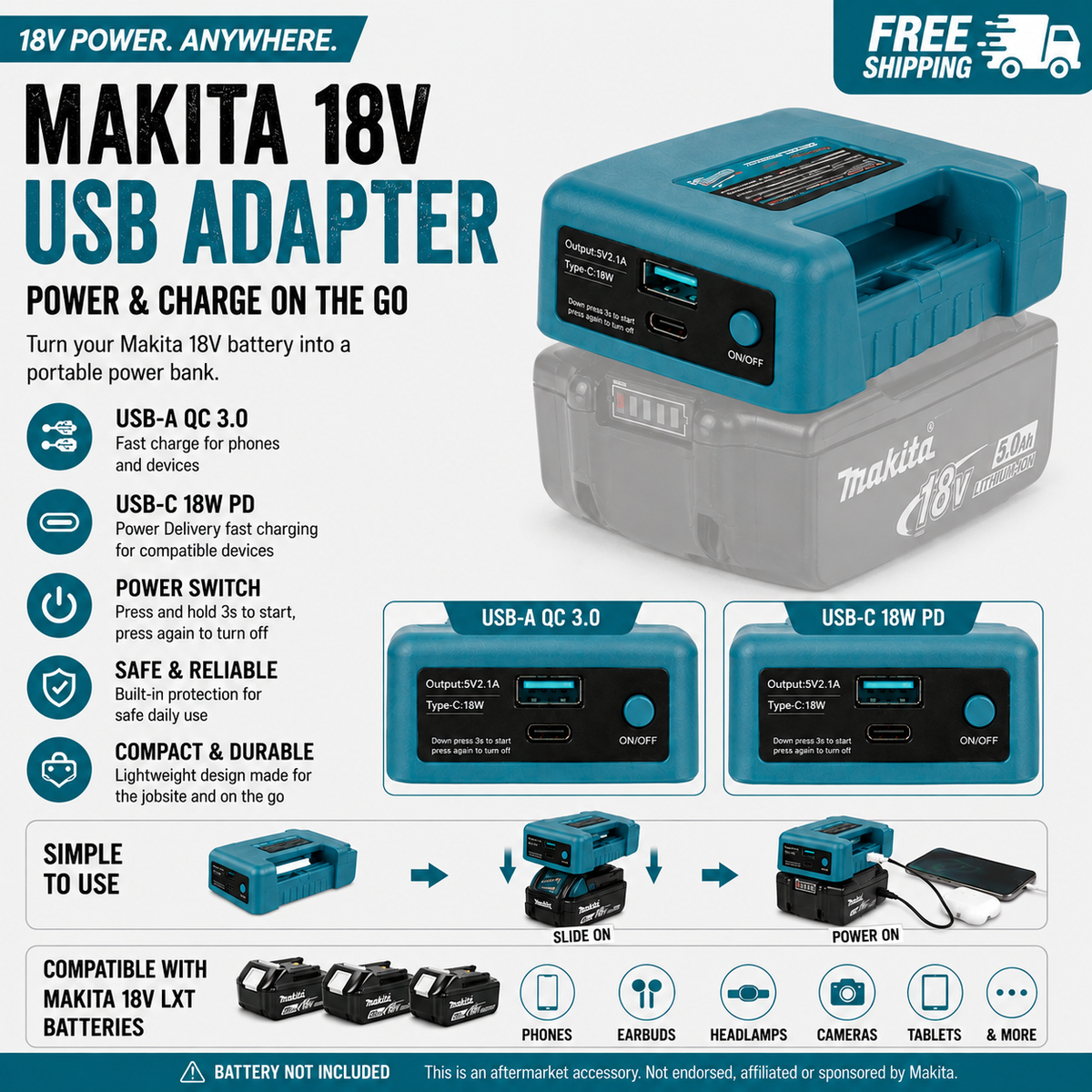 18V Battery Fast Charger Adapter - Milwuakee/Makita/DeWalt