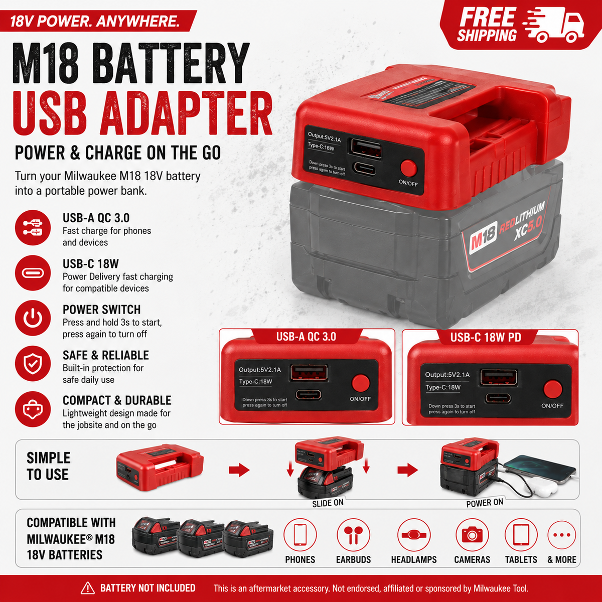 18V Battery Fast Charger Adapter - Milwuakee/Makita/DeWalt