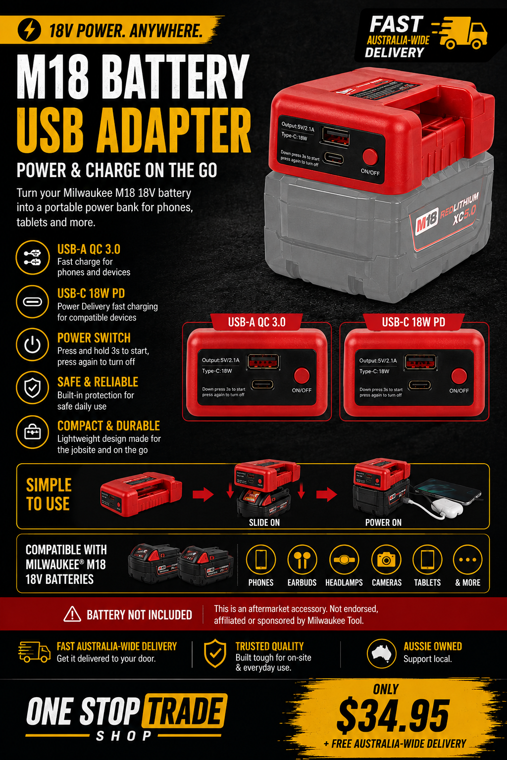 18V Battery Fast Charger Adapter - Milwuakee/Makita/DeWalt